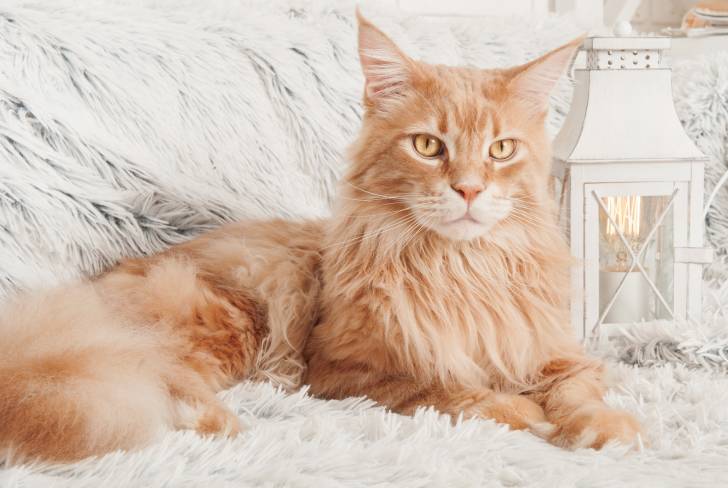 Un Maine Coon roux allongé sur un drap blanc