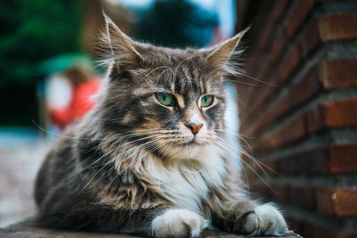 Un Maine Coon allongé dehors