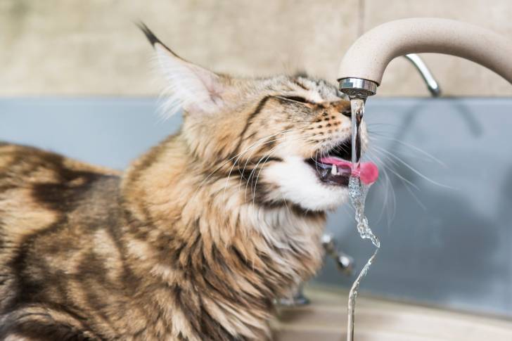 Un Maine Coon en train de boire au robinet
