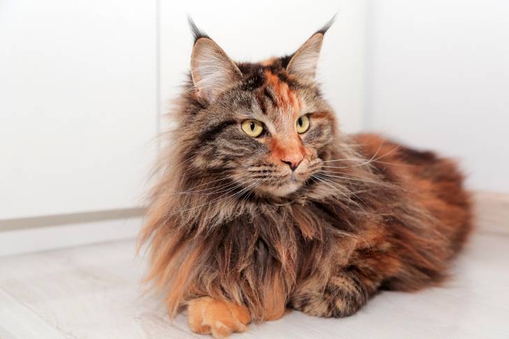 Un Maine Coon écaille de tortue allongé sur le sol