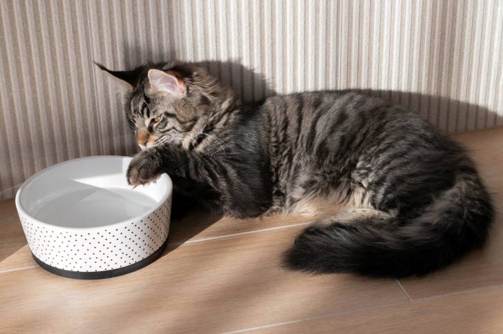 Un Maine Coon gris attend devant sa gamelle