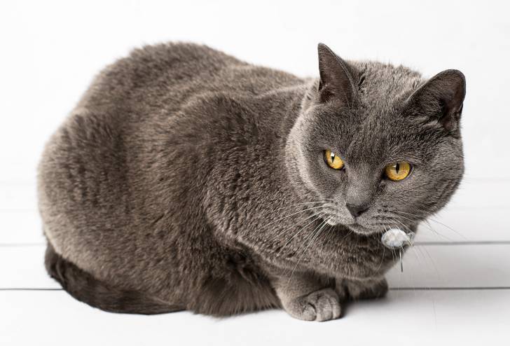 Un Chartreux aux yeux jaunes sur un fond blanc