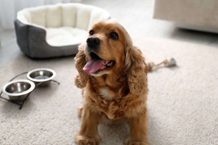 Un Cocker Anglais en train d'attendre son repas