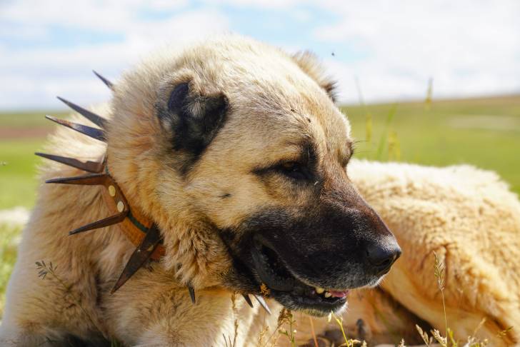 Un Kangal avec un collier à pics dans un champ