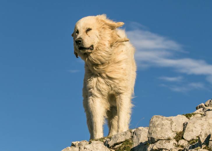 Un Patou dans le vent au sommet d'une falaise