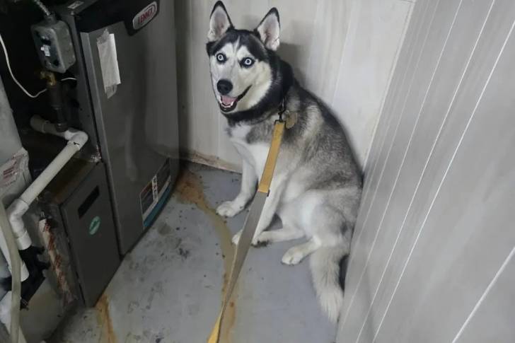 Un Husky Sibérien assis et tenu en laisse