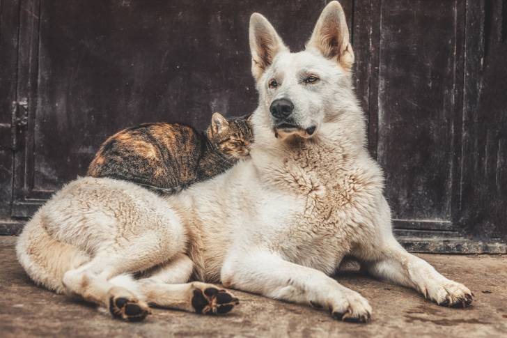 Un Chien Loup Tchécoslovaque blanc avec un chat allongé sur son dos