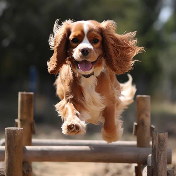 Un Cavalier King Charles Spaniel sautant par dessus une barre et portant un collier autour du cou