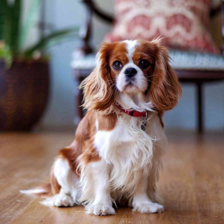 Un Cavalier King Charles Spaniel assis sur un plancher et portant un collier autour du cou