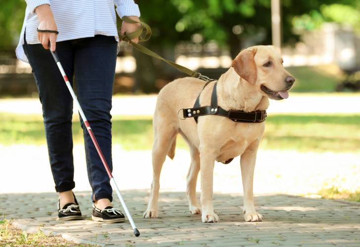 Un Labrador guide d'aveugle aux côtés de sa maîtresse