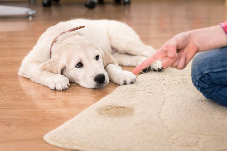Une propriétaire en train d'apprendre la propreté à son chiot Labrador Retriever 