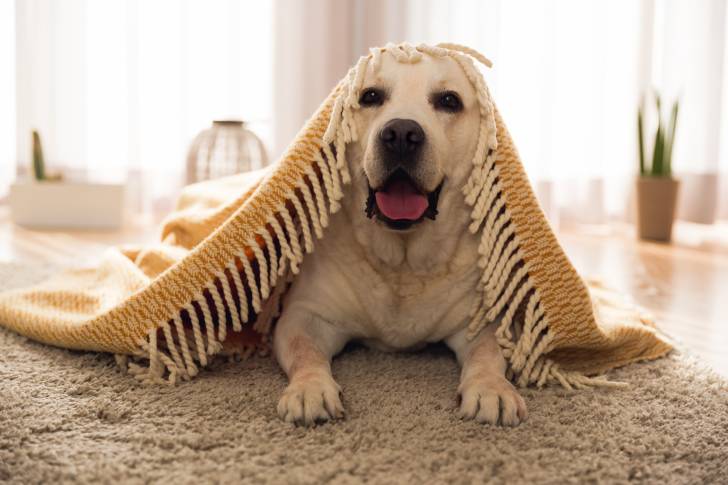 Un Labrador Retriever recouvert par un plaid et allongé sur un tapis