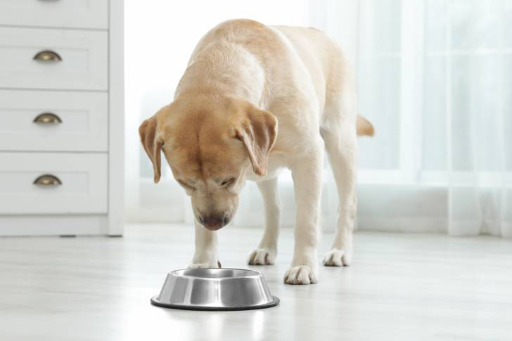 Un Labrador Retriever en train de regarder sa gamelle
