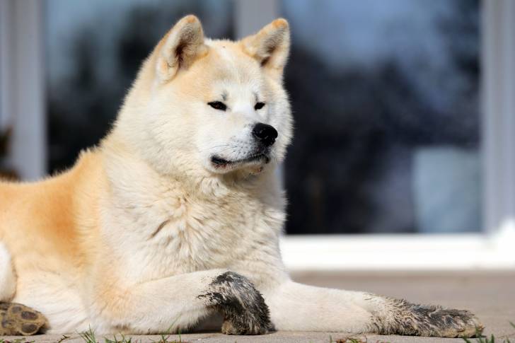 Un Akita Inu allongé sur un perron en bois