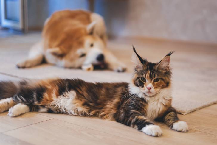 Un jeune Akita Inu allongé avec deux petits garçons