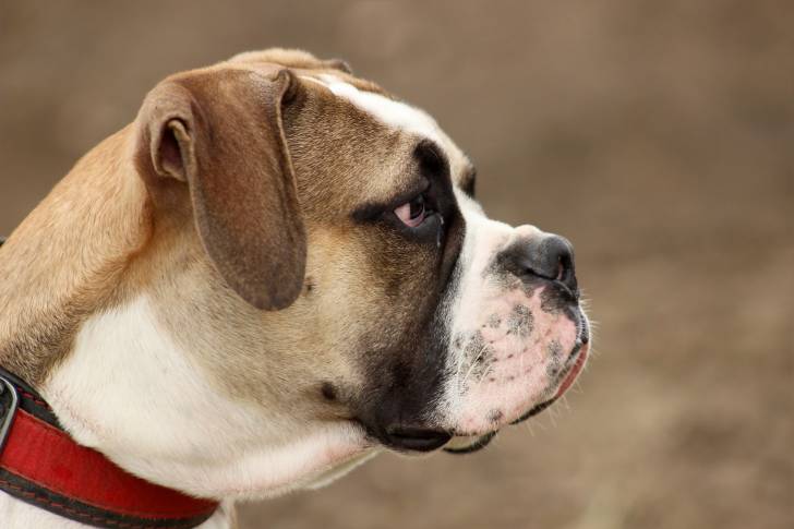 Gros plan d'un Olde English Bulldogge au pelage blanc et marron, qui se tient de profil et porte un collier