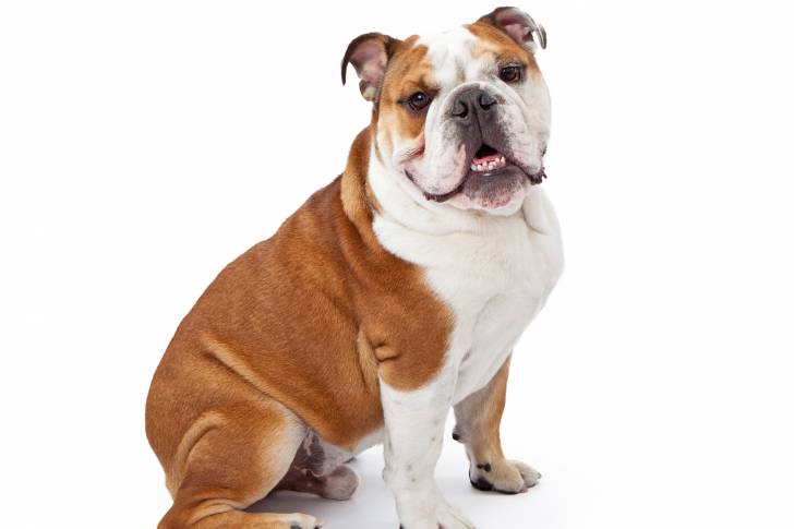 Un chien adulte Olde English Bulldogge au pelage blanc et orange se tient debout dans une pièce blanche