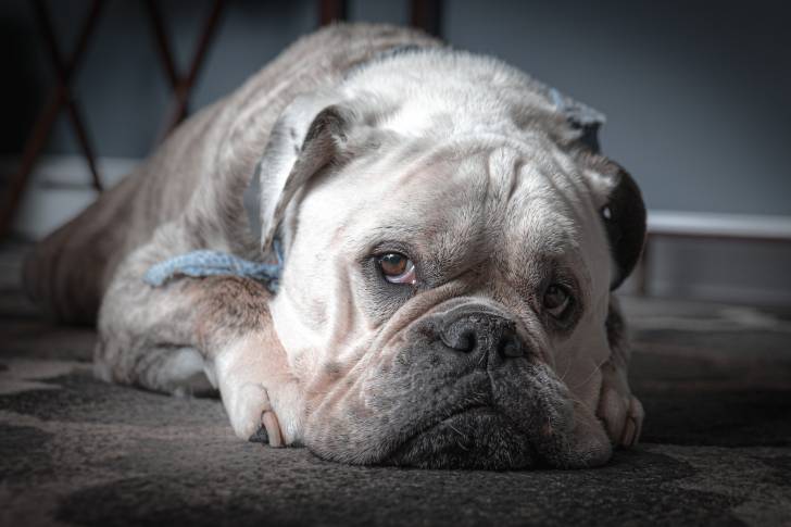Un gros et âgé Olde English Bulldogge beige est allongé sur la moquette et a l'air fatigué.