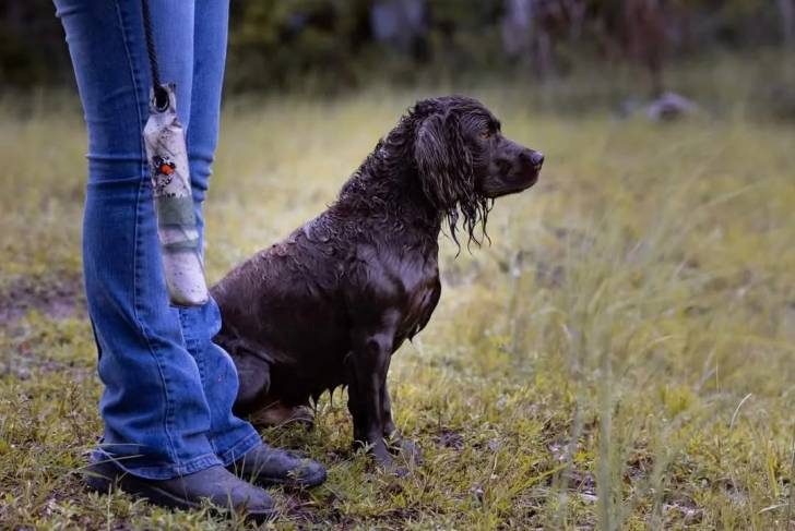 Un Boykin Spaniel assis sur un terrain herbeux à côté d'une personne
