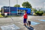Un Border Collie tenu en laisse devant le bâtiment bleu du Pet Reception d'Eurotunnel Le Shuttle à Calais en France