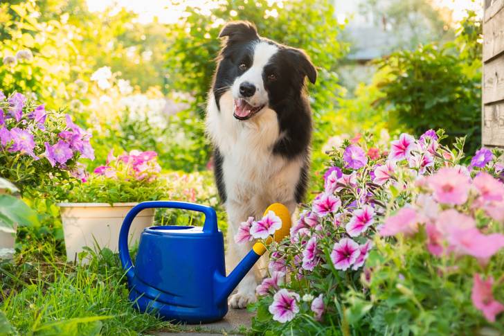 Un Border Collie dans un jardin ensoleillé, entouré de pétunias roses et violets, à proximité d'un arrosoir