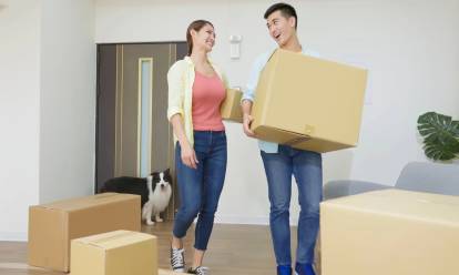 Un Border Collie accompagnant ses maîtres dans un salon vide rempli de cartons de déménagement.