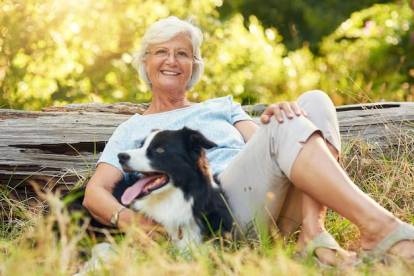 Un Border Collie allongé dans l’herbe aux côtés d’une femme âgée