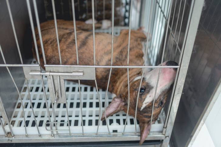 Un chien Bull Terrier fauve allongé dans une cage