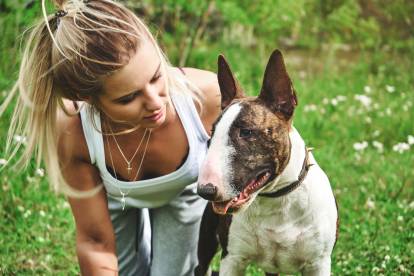 Un Bull Terrier fauve à côté d'une femme blonde agenouillée sur l'herbe