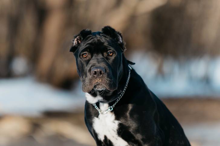 Un chien Bandog de face qui regarde l'objectif