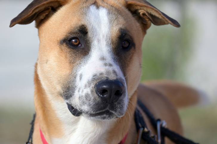 Gros plan sur le visage d'un jeune Black Mouth Cur au museau blanc et portant un harnais.