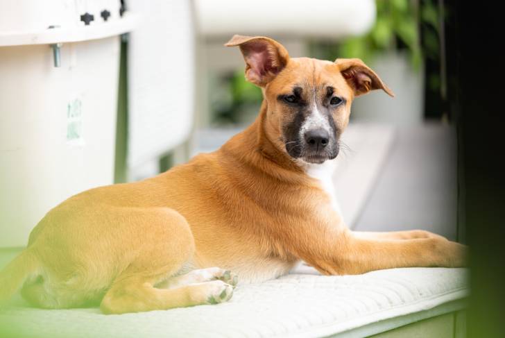 Un Black Mouth Cur adulte monte la garde, allongé sur un banc à l'extérieur de sa maison. 