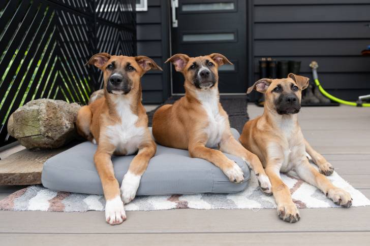 Trois chiens Black Mouth Cur allongés les uns à côté des autres sur un gros coussin gris posé sur le sol.