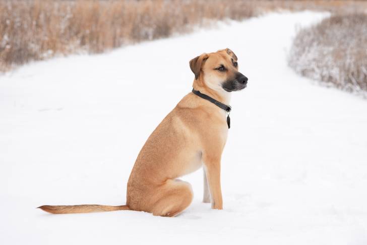 Un Black Mouth Cur adulte aux poils de couleur fauve est assis seul au milieu de la neige