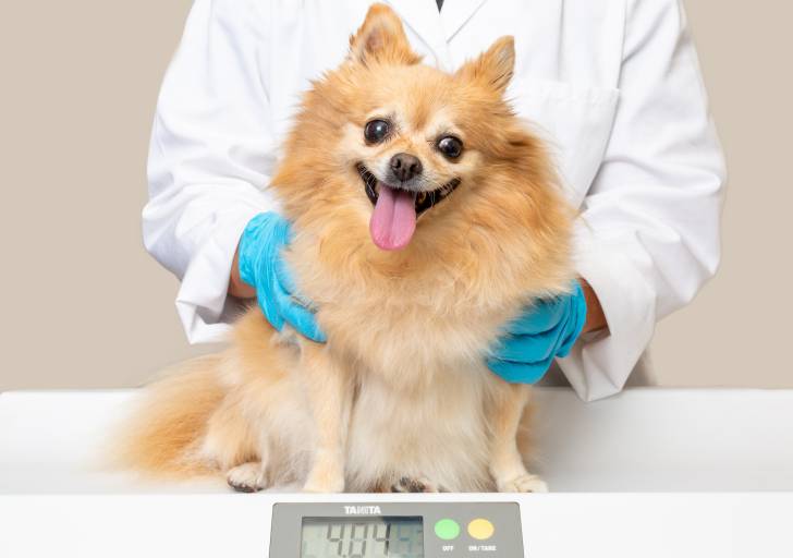 Un Loulou de Poméranie en train d'être pesé