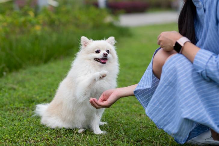 Un Loulou de Poméranie en train de donner la patte