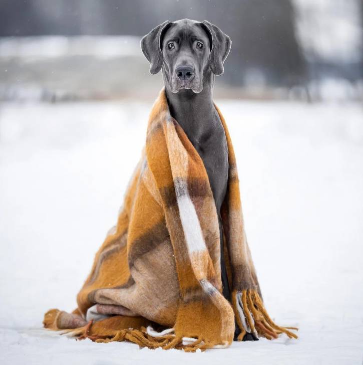 Photo d'un Great Danoodle assis dans la neige et qui porte une couverture 