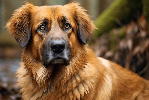 Gros plan d'un Saint Shepherd au pelage fauve, ayant les oreilles tombantes et regardant la caméra