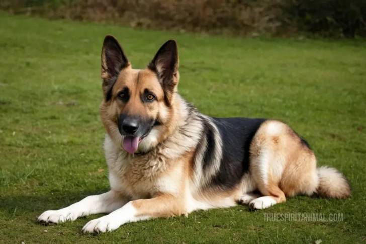 Un Saint Shepherd allongé sur une surface herbacée et tirant la langue