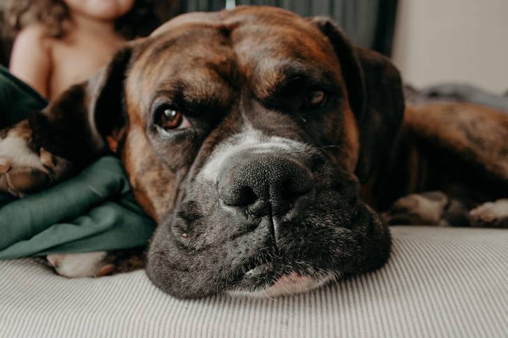 Un gros plan d'un Boxer Shepherd à la robe bringée, allongé à côté d'un enfant