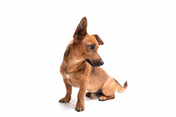 Un Jackshund au pelage marron, ayant une oreille dressée et une oreille baissée