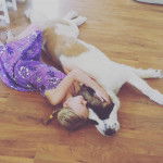 Un Saint Dane allongé avec une petite fille et qui semble endormi 