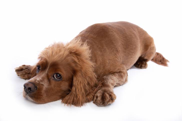 Un Cockalier au pelage roux, allongé sur un fond blanc
