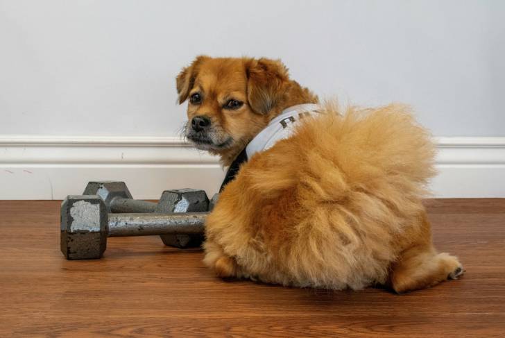 Un Pom-A-Pug au pelage fauve, allongé sur un parquet et portant un pull