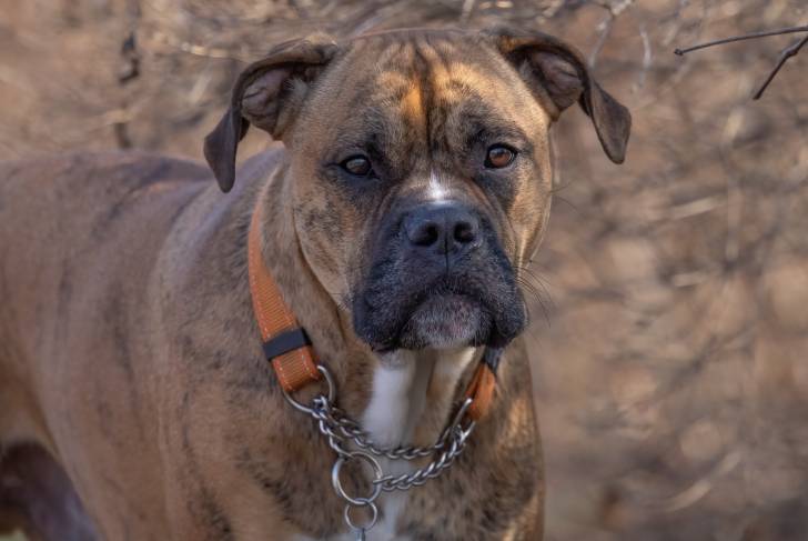 Un Bulloxer à la robe bringée fauve et noir, portant un collier en tissu orange