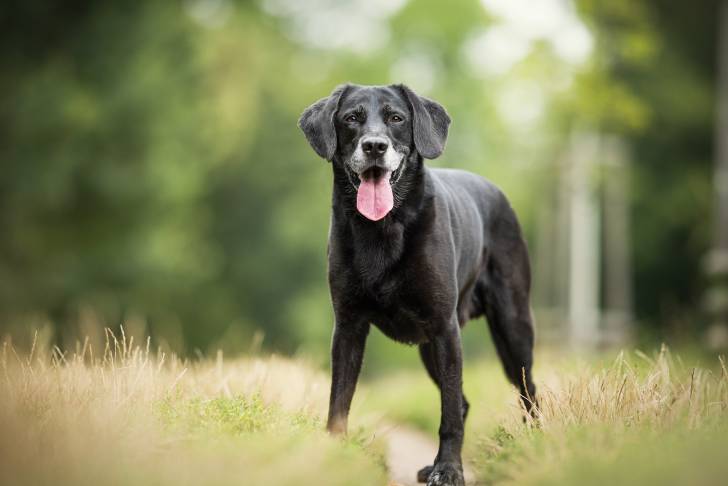 Un Spanador au pelage noir, sur un chemin dans une forêt