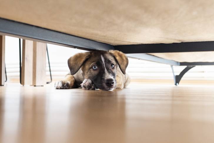 Un chiot Goberian aux yeux vairons bleu et marron, allongé sous un canapé