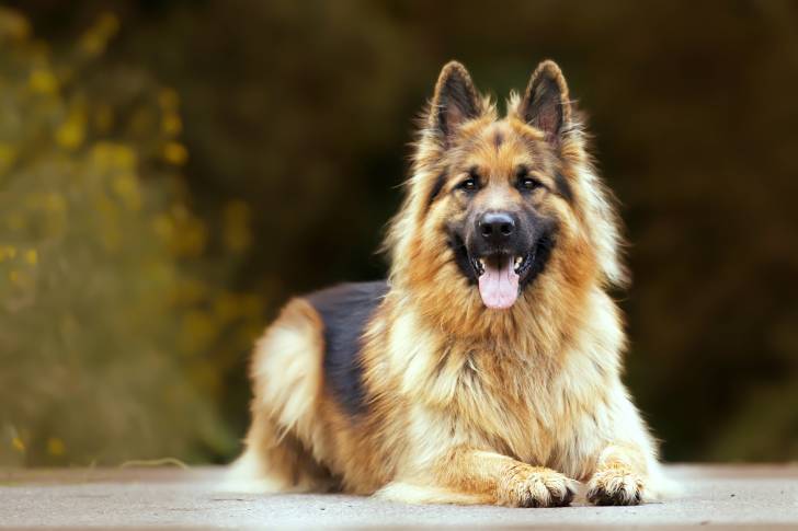 Un King Shepherd au pelage noir et feu, ayant les oreilles dressées et la gueule ouverte