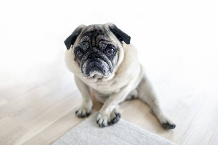 Un Bullpug assis sur un plancher et semblant détendu