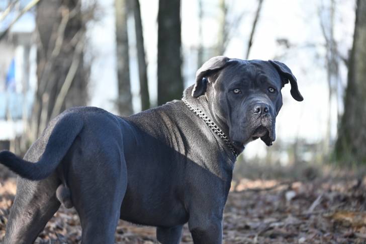 Un Blue Blood Cane Corso avec un collier se promenant dans une forêt